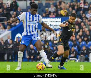 Brighton, Großbritannien. Oktober 2024. Brighton, England – 26. Oktober: Joao Gomes der Wolverhampton Wanderers (rechts) wird am 26. Oktober 2024 im Amex Stadium in Brighton und Hove Albion (links) im Premier League-Spiel 2024/25 zwischen Brighton und Hove Albion gegen Wolverhampton Wanderers im Amex Stadium angegriffen. (David Horton/SPP) Credit: SPP Sport Press Photo. /Alamy Live News Stockfoto