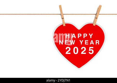 Rotes Papierherz mit Happy New 2025 Year Schild, das an einem Seil auf weißem Hintergrund hängt. 3D-Rendering Stockfoto