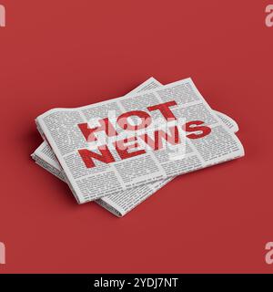 Eine gefaltete Zeitung mit den HEISSEN NACHRICHTEN DER Headline in Bold Red Letters auf rotem Hintergrund. 3D-Rendering Stockfoto