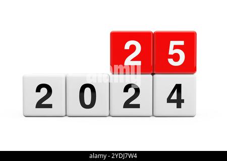 Blöcke mit dem Übergang von 2024 zu 2025 auf weißem Hintergrund. 3D-Rendering Stockfoto