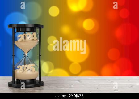 Neues 2025-Jähriges Konzept. Sand, der in Sanduhr fällt, nimmt die Form von 2024 bis 2025 Jahren auf einem Holztisch an. 3D-Rendering Stockfoto