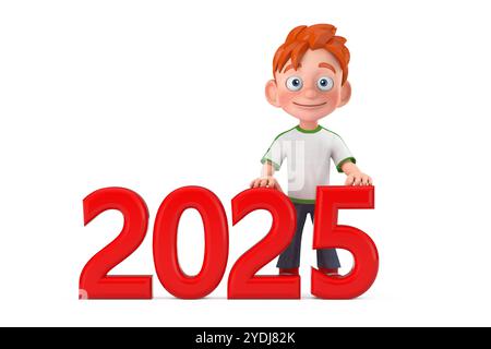 Zeichentrickfilm kleiner Junge Teen Person Figur Maskottchen mit rotem Neujahrsschild 2025 auf weißem Hintergrund. 3D-Rendering Stockfoto