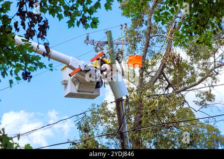 Im Nachgang eines Hurrikans inspiziert ein Techniker, der im Schaufellift arbeitet, einen elektrischen Pol Stockfoto