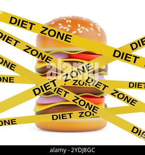 Der Stacked Premium Delicious Cheeseburger ist umgeben von gelbem Warnband mit aufgedruckter Diät-Zone auf weißem Hintergrund. 3D-Rendering Stockfoto