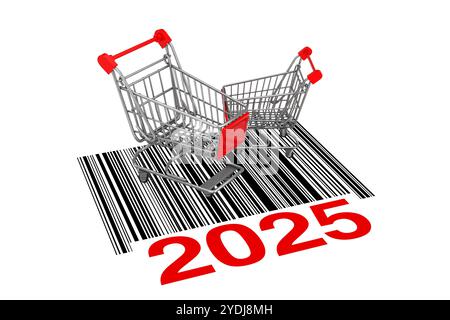 Zwei leere Einkaufswagen über abstraktem Barcode mit Schild für das neue Jahr 2025 auf weißem Hintergrund. 3D-Rendering Stockfoto