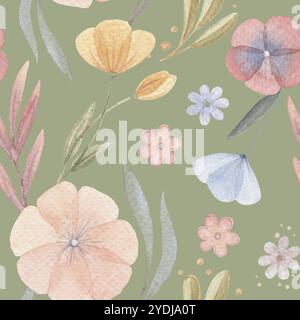 Boho blüht und Blätter nahtloses Muster mit Zweig und Zweig auf dem grünen Hintergrund. Handgezeichnetes Aquarell charmante florale Illustration in weich Stockfoto