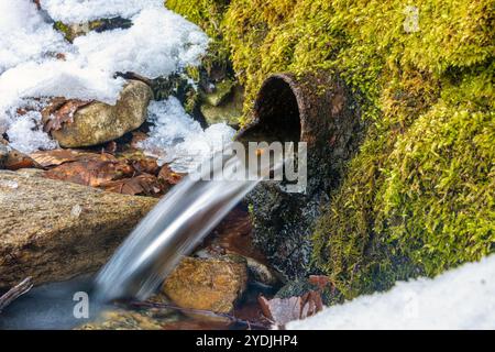 Ein Wasserstrom fließt aus einem Rohr in einer verschneiten Landschaft, aus nächster Nähe Stockfoto