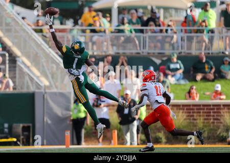 Waco, Texas, USA. Oktober 2024. Baylor's MICHAEL TRIGG (1) springt um einen Pass, als DYLAN SMITH (11) im McLane Stadium in Waco am Samstagnachmittag im Oklahoma State folgt. (Kreditbild: © Brian McLean/ZUMA Press Wire) NUR REDAKTIONELLE VERWENDUNG! Nicht für kommerzielle ZWECKE! Stockfoto