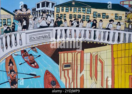 Ein Wandgemälde in der Klong Ong Ang Walking Street in Chinatown/Pahurat in Bangkok, Thailand, das junge Thailänder über die Phanuphan Bridge zeigt Stockfoto