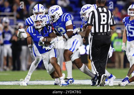 26. Oktober 2024: Duke Blue Devils Linebacker Cameron Bergeron (4) feiert einen Umsatz während des NCAA-Fußballspiels zwischen den SMU Mustangs und Th Stockfoto