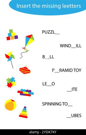 Fügen Sie die fehlenden Buchstaben ein, buchstabieren Sie das Wort, Kinderspielzeug im Zeichentrickstil, pädagogische Rechtschreibung Leseschulspiel für die Entwicklung von Kindern Stock Vektor