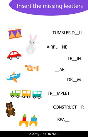Fügen Sie die fehlenden Buchstaben ein, buchstabieren Sie das Wort, Spielzeug im Zeichentrickstil, lehrreiche Rechtschreibung Leseschule Spiel für die Entwicklung von Kindern, Kindern Stock Vektor
