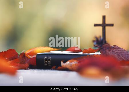 Rote Ahornblätter und herbstlich gefallene Blätter, heiliges Kreuz von Jesus Christus und Bibel, Danksagungshintergrund Stockfoto