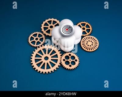 Stakeholder, Geschäftsziel und Erfolg, Teamarbeit, Team- und Partnerschaftskonzept. 3D-Zielsymbol auf weißem Menschengruppensymbol, umgeben von hölzernen Ausrüstungen Stockfoto