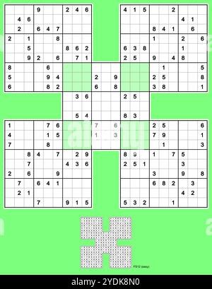 Samurai Sudoku, fünf überlappende Sudoku-Rätsel. Volle Symmetrie, 136 Hinweise. Einfach. MK II. Vektor. Stock Vektor