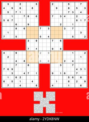 Samurai Sudoku, fünf überlappende Sudoku-Rätsel. Volle Symmetrie, 112 Hinweise. Hart. MK II. Vektor. Stock Vektor