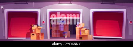 Das Innere des Lagers mit Hauskisten. Vektor-Karikaturillustration von offenen und geschlossenen Lagereinrichtungen Tore, Kartonpakete voller Küche und Stock Vektor