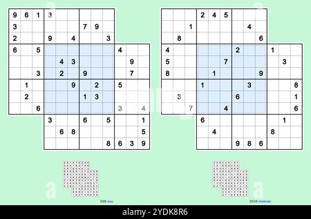 Doppel-doku. Zwei überlappende Sudoku-Rätsel. Rotationssymmetrie. Leicht, mäßig. 42, 32 Hinweise. MK II. Vektorsatz DK5. Stock Vektor