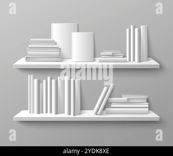 Buchstapelrücken und vordere Abdeckung auf Wandregal. Realistische 3D-Vektor-Illustration der Papierliteratur mit Hardcover stehend und liegend auf Bookshe Stock Vektor