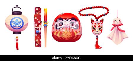 Japanisches Daruma Spielzeug und Zubehör Set isoliert auf weißem Hintergrund. Vektor-Karikaturillustration von Papier Laterne, Holzstäbchen, traditionelle asiatische d Stock Vektor