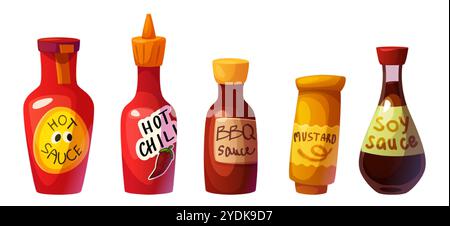 Soße in Kunststoff- und Glasflasche. Zeichentrickvektor Illustration Set von scharfen Dressing Gewürzen - heiße Chili und bbq, Senf und Soja. Container mit fo Stock Vektor