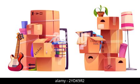 Kisten mit Haussachen isoliert auf weißem Hintergrund. Vektor-Karikaturillustration von Kartonpaketen voller Küche und Wohnzimmer Sachen verpackt für Stock Vektor