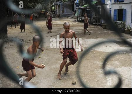 18.11.2013, Yangon, Myanmar, Asien, Eine Gruppe junger buddhistischer Mönche spielt Fußball in einem Klosterhof in Asien Stockfoto