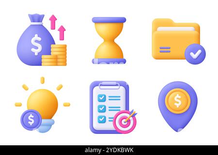 Geldbeutel, Sanduhr, Ordner, Glühbirne, Feile und Kartennadel. 3D-Vektor-Symbolsatz für Unternehmen. Minimaler Cartoon-Style. Stock Vektor