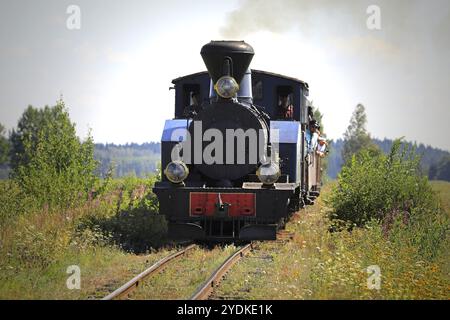 Man fährt hinter der Holzdampflokomotive Nr. 5 Sohvi, die 1917 in Finnland hergestellt wurde, auf der Museumsbahn Jokioinen. Palomaki, Finnland. 28, 2019 Stockfoto