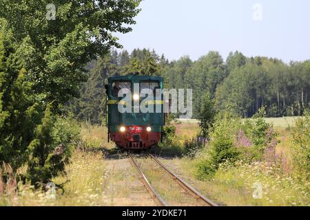 Grüne Diesellokomotive vom Typ TU4 mit der Nummer 2091, hergestellt in der ehemaligen Sowjetunion 1970, auf der Museumsbahn Jokioinen. Palomaki, Finnland. Juli 2019 Stockfoto