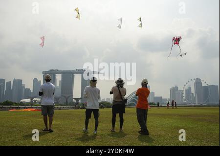 29.07.2018, Singapur, Republik Singapur, Asien, Menschen fliegen Drachen auf dem grünen Dachgarten des Marina Dam. Das Marina Bay Sands Hotel steht in Stockfoto