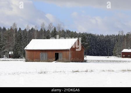 Ländliche Landschaft mit roter Holzscheune in verschneiten Feldern an einem schönen Wintertag Stockfoto