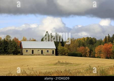 Bauernhof aus Stein umgeben von geerntetem Feld und Bäumen in Herbstfarben an einem schönen Oktobertag. Salo, Finnland, Europa Stockfoto