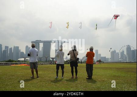 29.07.2018, Singapur, Republik Singapur, Asien, Menschen fliegen Drachen auf dem grünen Dachgarten des Marina Dam. Das Marina Bay Sands Hotel steht in Stockfoto