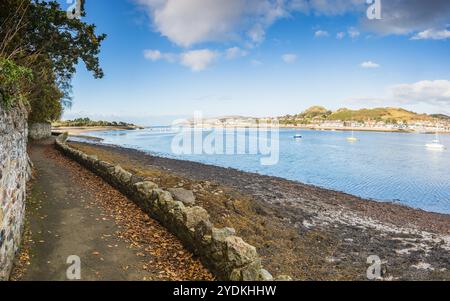 Ein HDR-Panoramablick auf den Küstenpfad, bekannt als Marine Walk, der im Herbst entlang des River Conwy in Richtung Ozean führt. Stockfoto