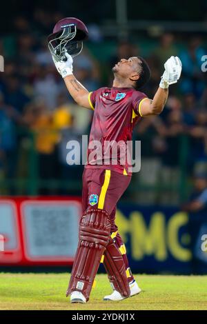 (241027) -- KANDY, 27. Oktober 2024 (Xinhua) -- Evin Lewis von West Indies reagiert nach dem dritten Leg des One Day International (ODI) Cricket Matches zwischen Sri Lanka und West Indies im Pallekele International Cricket Stadium in Kandy, Sri Lanka, am 26. Oktober 2024. (Sri Lanka Cricket/Handout via Xinhua) Stockfoto