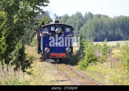 Fahrt mit der Holzdampflokomotive Nr. 5 Sohvi, die 1917 in Finnland hergestellt wurde, auf der Museumsbahn Jokioinen. Palomaki, Finnland. Juli 2019 Stockfoto