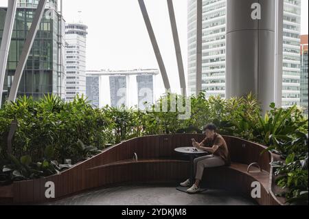 01.08.2023, Singapur, Republik Singapur, Asien, Ein Besucher auf einer von vier Ebenen des vertikalen Gartens der Green Oasis in der neuen CapitaSpring Skyscra Stockfoto