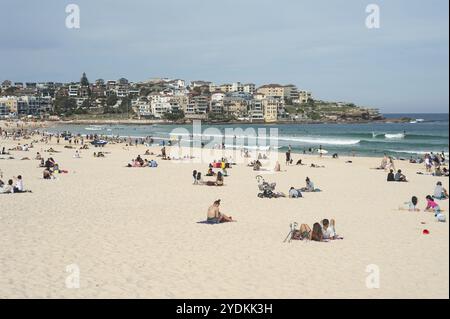 27.09.2019, Sydney, New South Wales, Australien, Menschen, die im Sand sitzen und sich am berühmten Bondi Beach in Ozeanien sonnen Stockfoto