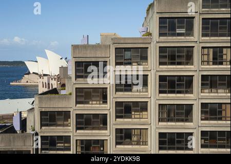 22.09.2019, Sydney, New South Wales, Australien, View of the Sirius Building, ein Sozialwohnungsprojekt aus den 1970er Jahren im Distrikt Rocks. Der Contra Stockfoto