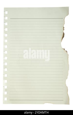 Gebranntes Ringnotizpapier auf weißem Hintergrund mit Beschneidungspfad Stockfoto