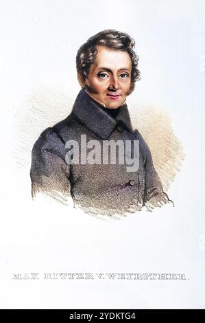 Maximilian Ritter von Weyrother (geb. 1783; gest. 28. November 1833) war ein österreichischer Kavallerie-Offizier, Zivilreitlehrer am Militär-Equitations-Institut und ab 1813 oder 1814 Unterbereiter an der Stadt-Reitschule oder „Spanischen Schule“ (Spanische Hofreitschule) in Wien, Historisch, digital restaurierte Reproduktion von einer Vorlage aus dem 19. Jahrhundert, Datum nicht angegeben Stockfoto