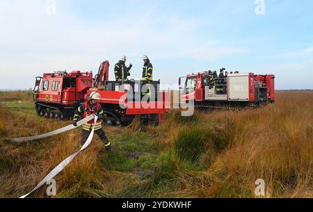 Großübung der Bundeswehr-Feuerwehr. Zwei Löschraupen der Bundeswehr-Feuerwehr stehen m Moor. Einsatzkräfte bauen eine Riegelstellung auf. Die Bundeswehr-Feuerwehr Meppen hat gemeinsam mit zwölf Anrainerfeuerwehren sowie Kräften des örtlichen Technischen Hilfswerks und des Deutschen Roten Kreuzes eine Großübung auf dem Gelände der Wehrtechnischen Dienststelle für Waffen und Munition WTD 91 in Meppen durchgefüht. Meppen Niedersachsen Deutschland *** Großübung der Bundeswehr Feuerwehr zwei Feuerwehrraupen der Bundeswehr stehen im m Stockfoto