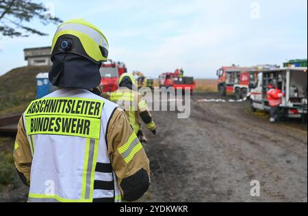 Großübung der Bundeswehr-Feuerwehr. Der Abschnittsleiter der Bundeswehr-Feuerwehr blickt auf die Einsatzstelle. Die Bundeswehr-Feuerwehr Meppen hat gemeinsam mit zwölf Anrainerfeuerwehren sowie Kräften des örtlichen Technischen Hilfswerks und des Deutschen Roten Kreuzes eine Großübung auf dem Gelände der Wehrtechnischen Dienststelle für Waffen und Munition WTD 91 in Meppen durchgefüht. Meppen Niedersachsen Deutschland *** Großübung der Bundeswehr Feuerwehr der Sektionsleiter der Bundeswehr wirft einen Blick auf den Einsatzort der Bundeswehr Stockfoto