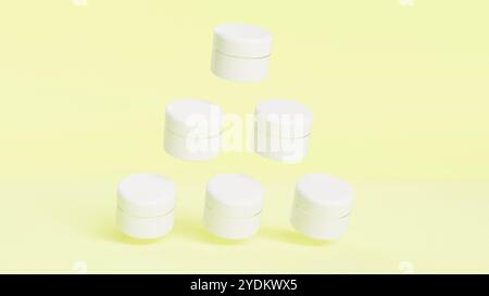 Kosmetische Gläser schweben auf gelbem BG 3D-Rendering Stockfoto