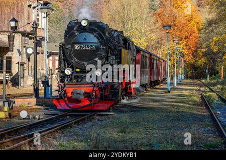 Alexisbad, Deutschland 25. Oktober 2024: Letzte Fotos vor der Einstellung des Verkehrs auf der Selketalbahn. Für rund einen Monat wird der Verkehr eingestellt. Die Lok 99 7243-1 fährt als Ersatz für die abgestellten Dampflok 99 6001. Hier im Bahnhof Alexisbad vor der Weiterfahrt nach Harzgerode. Sachsen-Anhalt *** Alexisbad, Deutschland 25. Oktober 2024 letzte Fotos bevor der Verkehr auf der Selketalbahn für etwa einen Monat eingestellt wird, wird der Verkehr eingestellt die Lok 99 7243 1 fährt als Ersatz für die abgestellte Dampflok 99 6001 hier am Bahnhof Alexisbad vor der Weiterfahrt nach Harzg Stockfoto