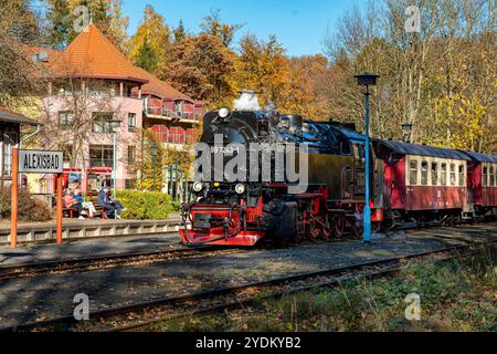 Alexisbad, Deutschland 25. Oktober 2024: Letzte Fotos vor der Einstellung des Verkehrs auf der Selketalbahn. Für rund einen Monat wird der Verkehr eingestellt. Die Dampflok 99 7243-1 fährt als Ersatz für die abgestellte Lok 99 6001 in den Bahnhof Alexisbad ein. Sachsen-Anhalt *** Alexisbad, Deutschland 25. Oktober 2024 letzte Fotos bevor der Verkehr auf der Selketalbahn für etwa einen Monat eingestellt wird, wird der Verkehr eingestellt Dampflok 99 7243 1 fährt als Ersatz für die geparkte Lok 99 6001 Sachsen-Anhalt in den Bahnhof Alexisbad Copyright: XFotostandx/xReissx Stockfoto