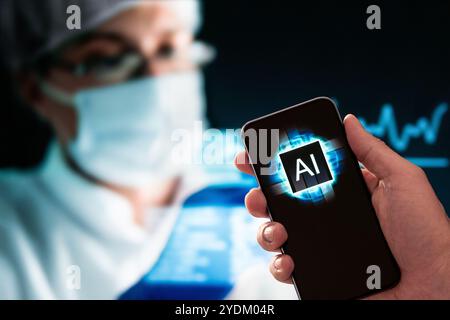 KI in der medizinischen Gesundheitstechnik. Medizin, Gesundheitswesen und künstliche Intelligenz App im Telefon. Arztdiagnostik, wissenschaftliche Forschung. Stockfoto