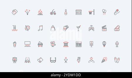 Unterhaltung für Outdoor- und Indoor-Freizeit, Spiele und Musik, Lifestyle, Wochenendline-Iconset. Reise und Fotografie, Kino, Picknick dünne schwarze und rote Umrisssymbole Vektor-Illustration Stock Vektor