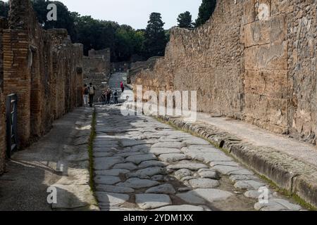 Gepflasterte Straße im Archäologischen Park von Pompeji, Neapel, Italien. Stockfoto